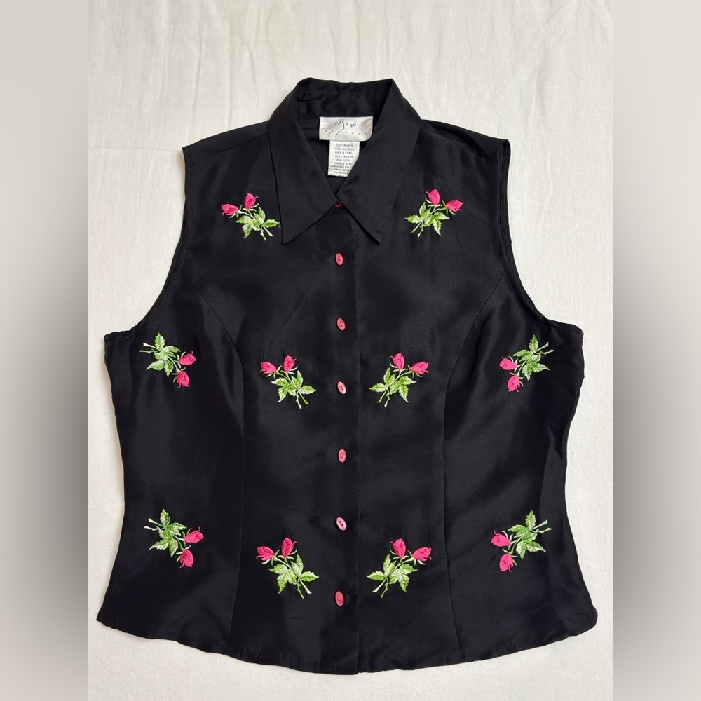 Vintage Vision Apparel 100% Silk Floral Embroidered Top Size S Fairy Retro